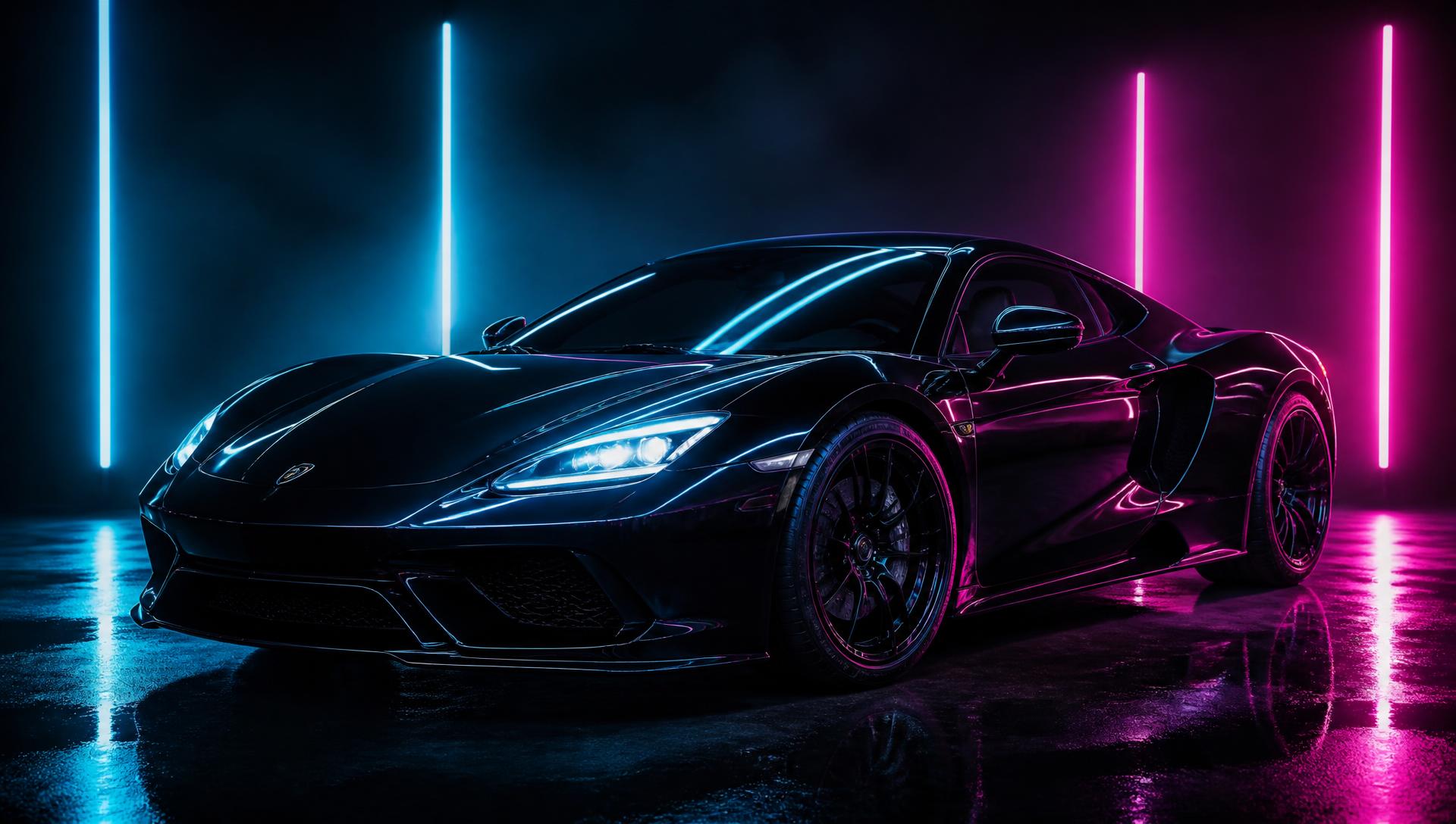 Freshly detailed car with neon reflections